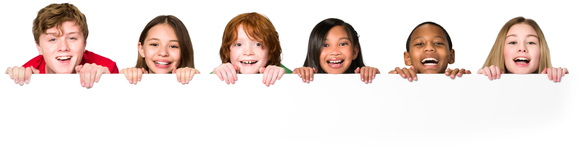 Group of young children peeking over invisible wall - Isolated